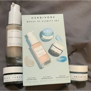 HERBIVORE Set WAVES OF CLARITY Cleanser 1.7 Oz Tansy Mask Aquarius Cream .5 oz